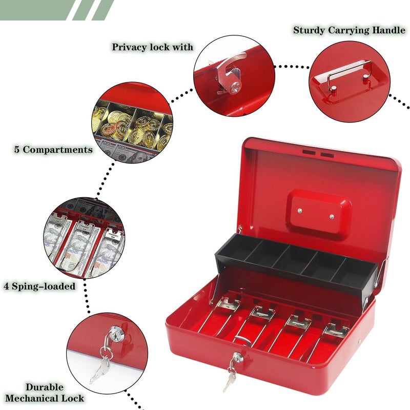 PACOLO Secure Locking Cash Box with Key or comnination, Money Tray, and Organizer - Metal Money Safe for Cash Management (Red Key) - Image 4